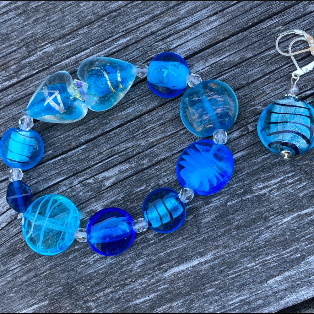 NWT Lampwork Glass Stretch Elastic Bracelet & Matching Earri…